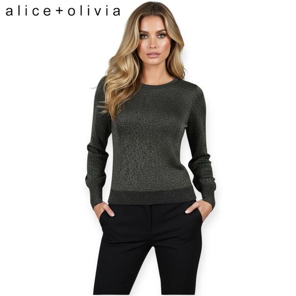 Alice + Olivia Metallic Silk Cashmere Shimmer Sweater XS Black Gold Crew Neck - Picture 1 of 16